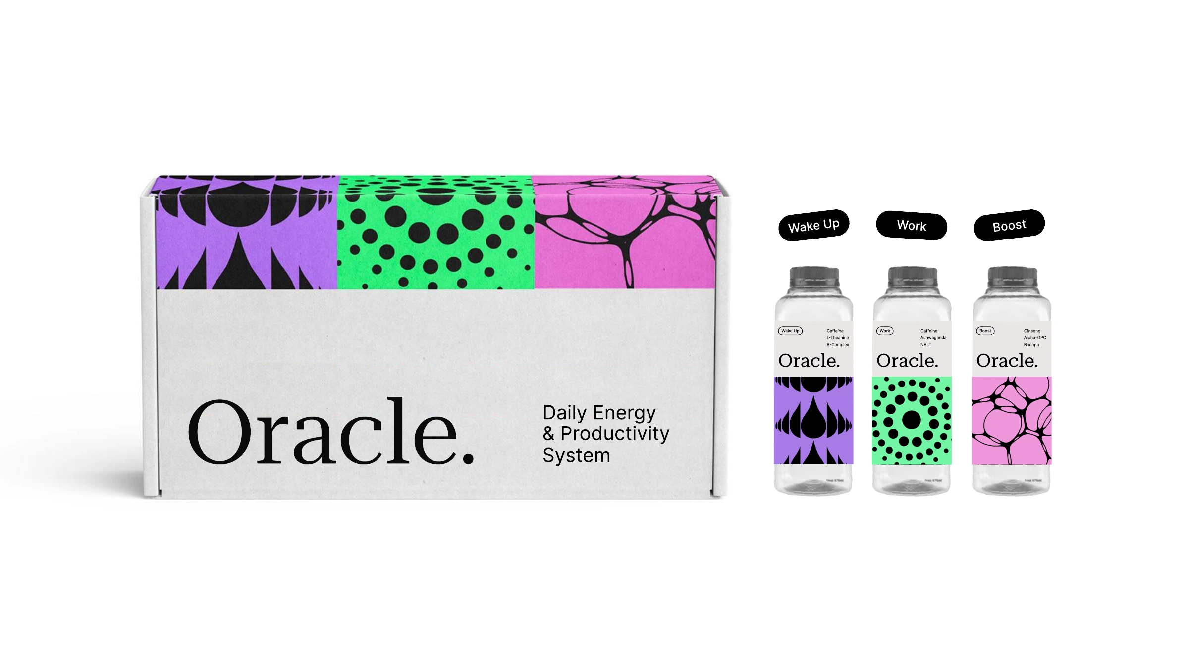 Oracle daily energy and productivity system packaging and three bottles
