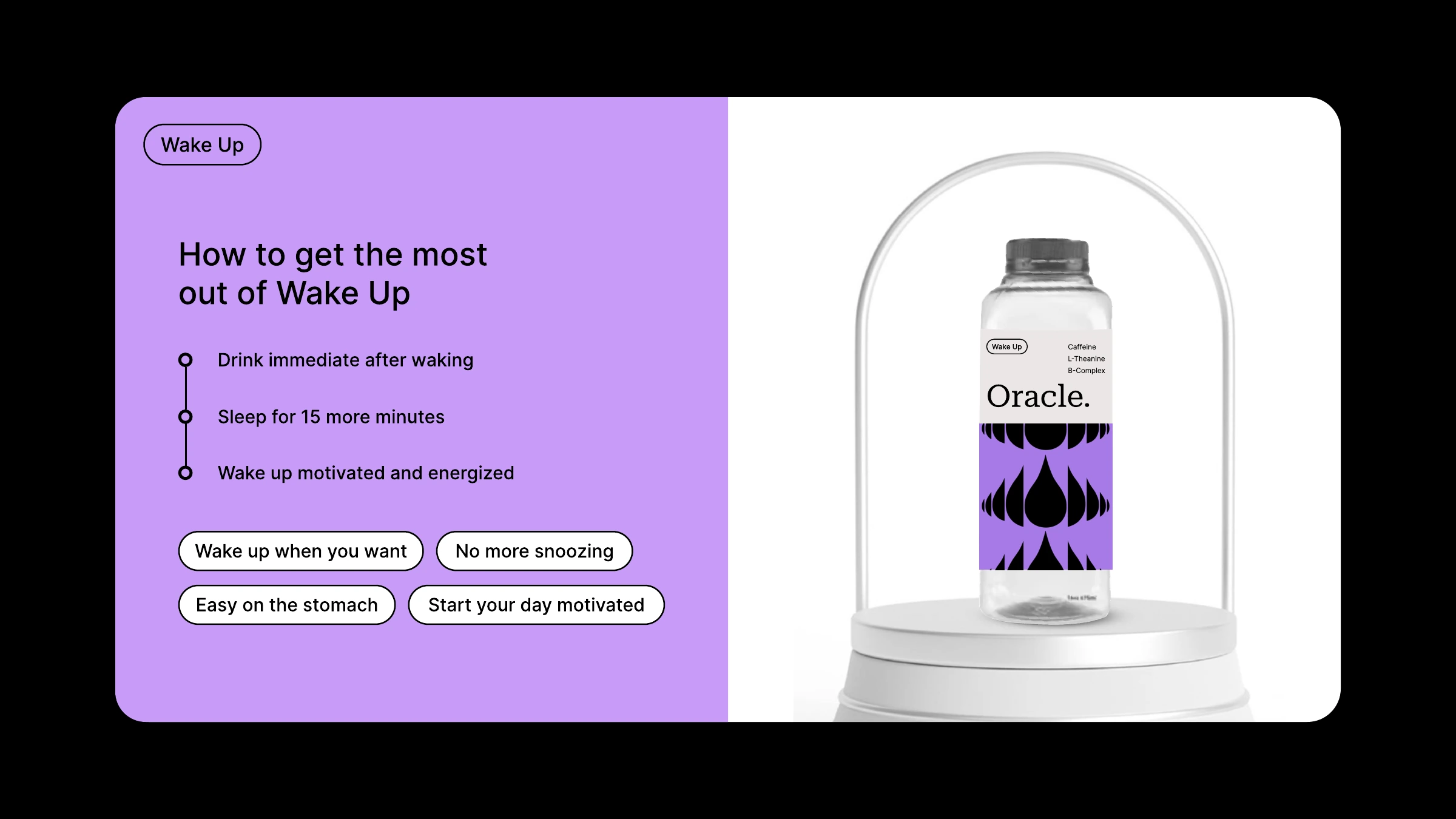 Oracle Wake Up product and usage instructions on a purple slide
