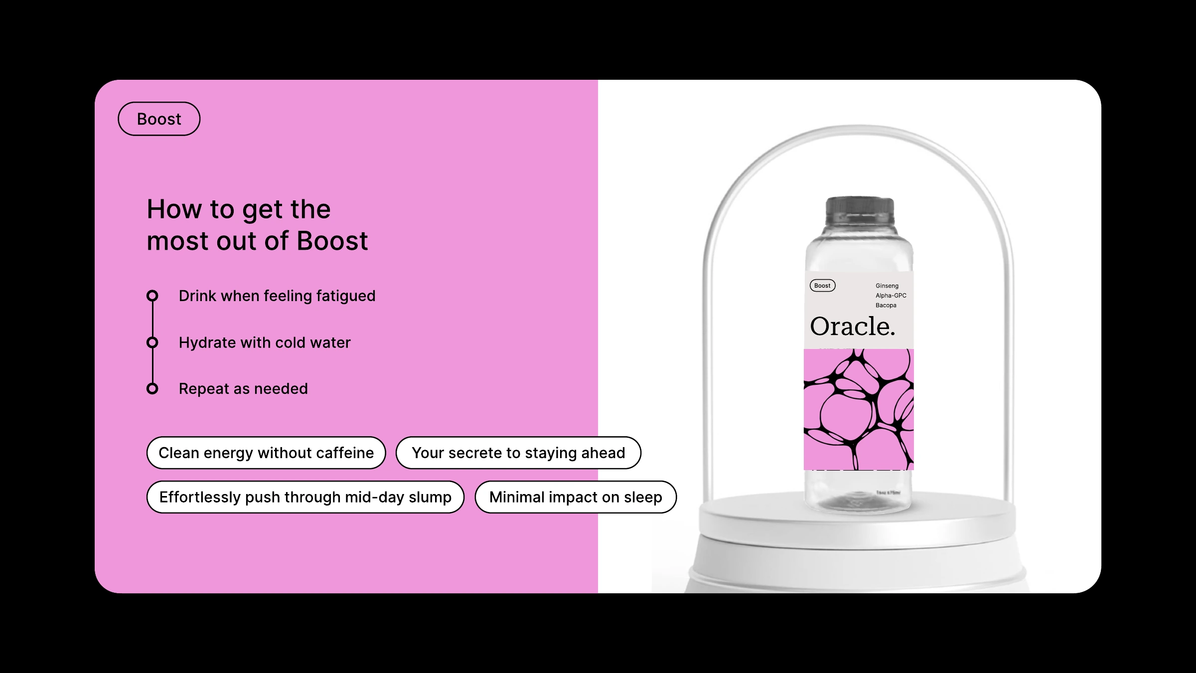 Oracle Boost product and usage instructions on a pink slide