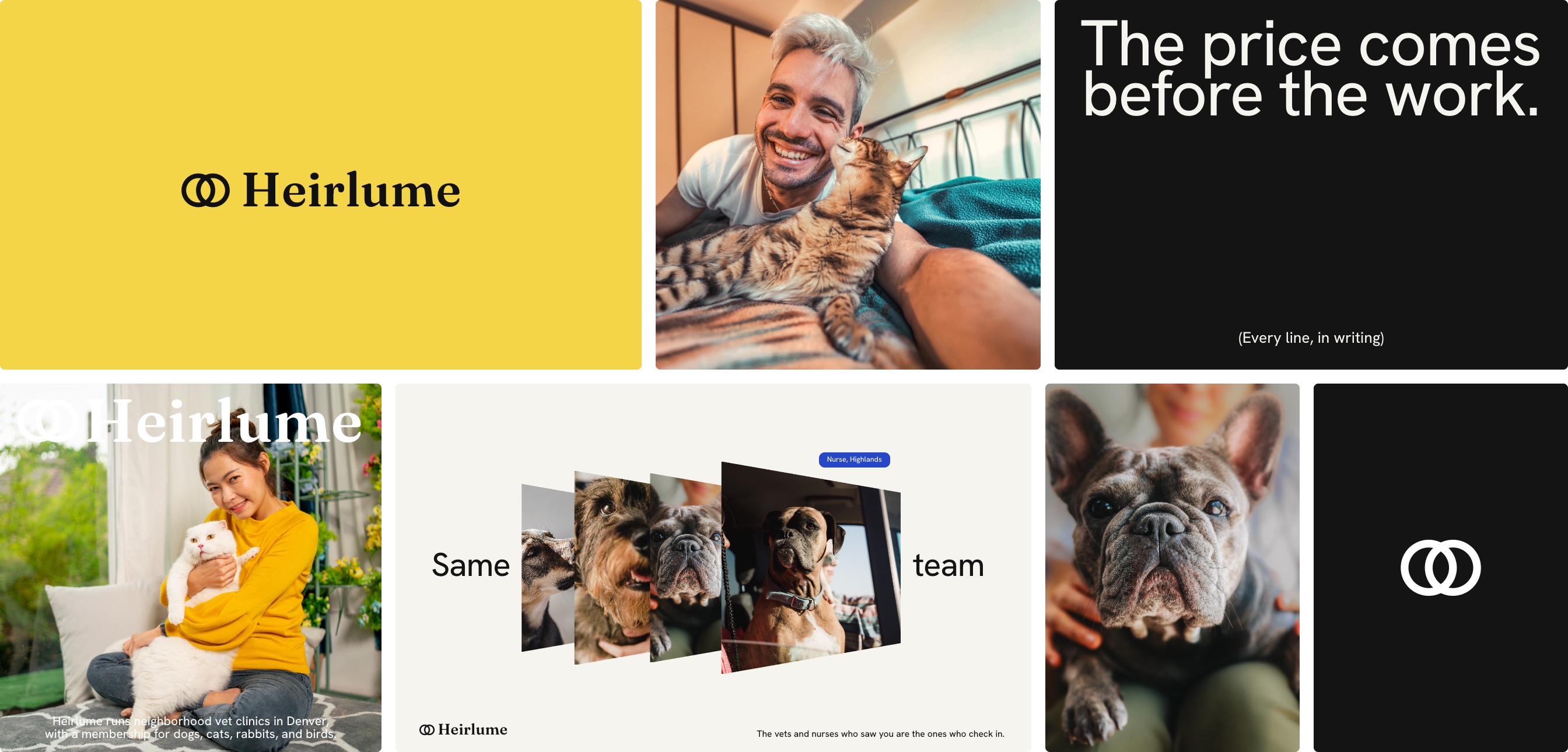 The Heirlume brand on one board: the wordmark on yellow, a man and his cat, the price before the work on black, the masthead over a woman and her cat, a fan of dog photos, a French bulldog, and the mark