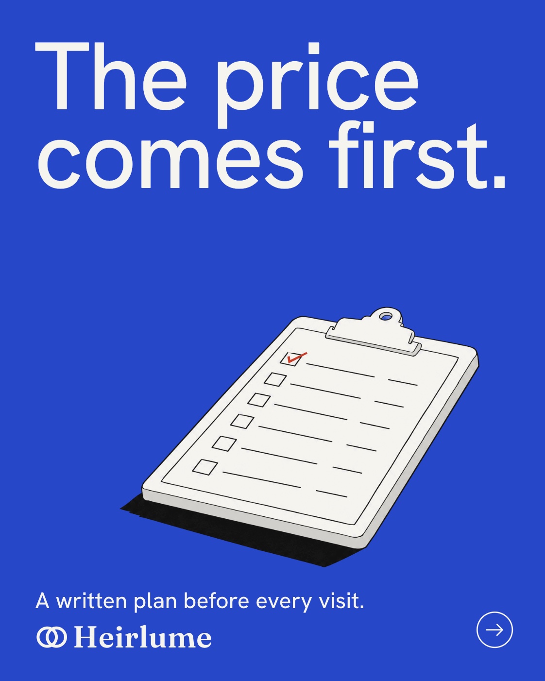 The price comes first: a clipboard with an itemized plan, one line checked