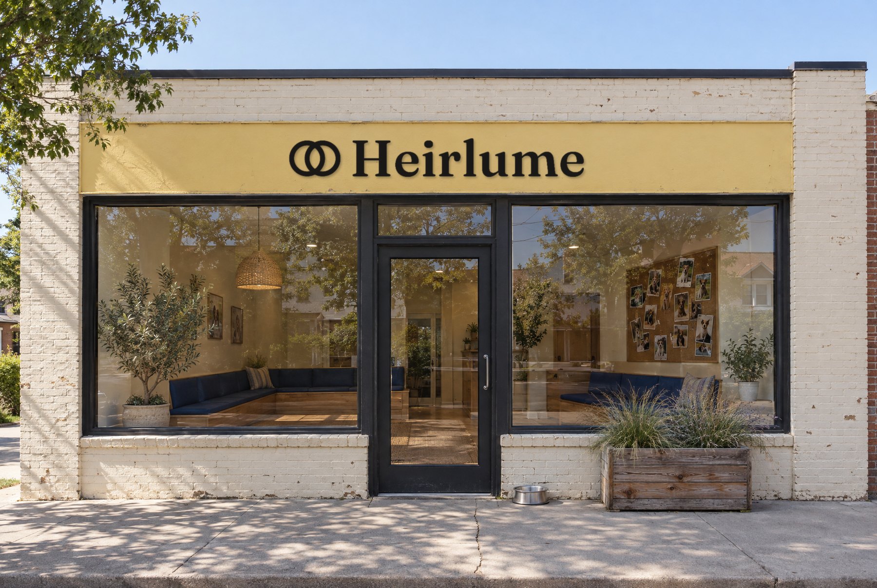 The clinic storefront: cream painted brick, black steel windows, and Heirlume on a butter-yellow sign band