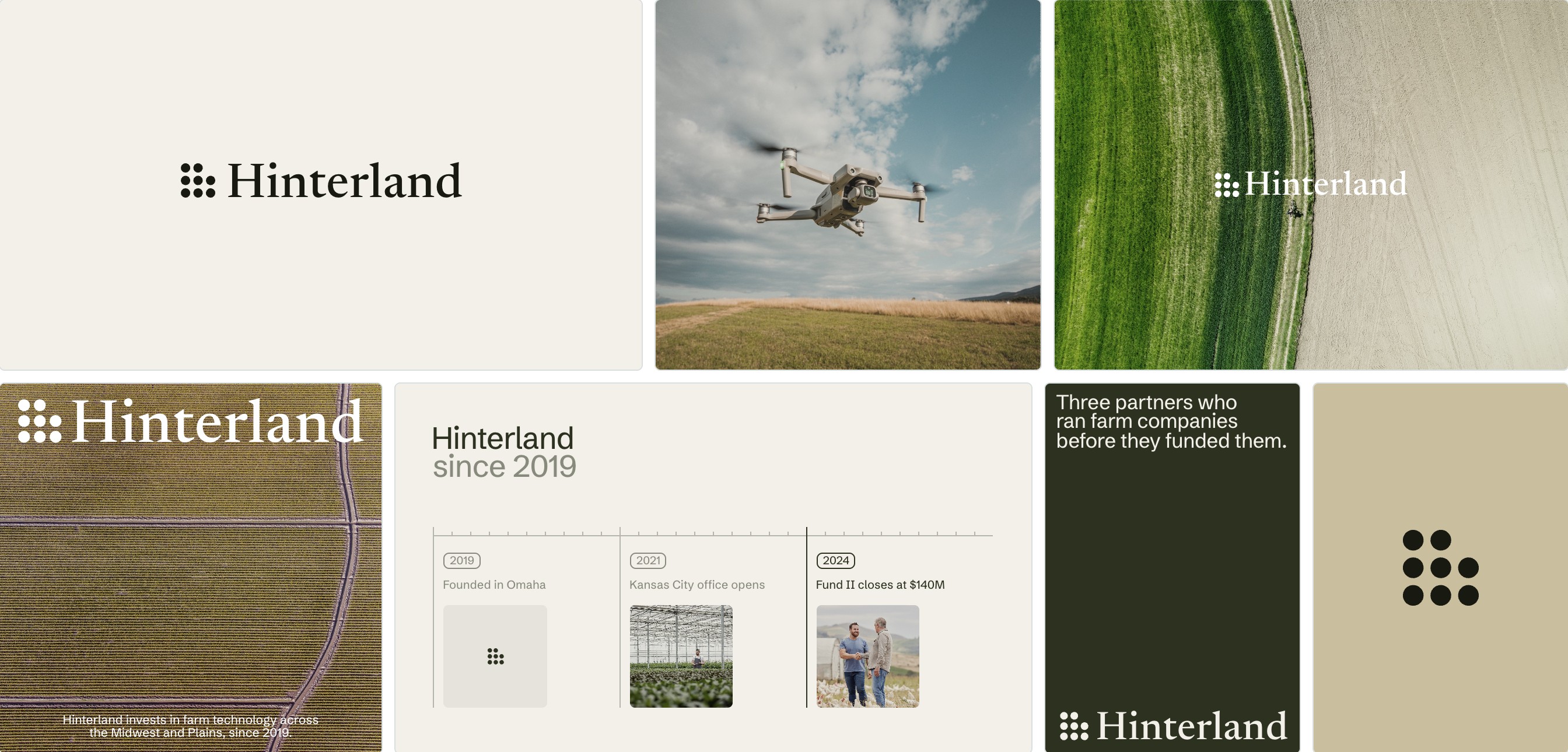 The Hinterland brand on one board: the wordmark, a drone over a field, the wordmark over a field, the masthead, a timeline, the three partners, and the mark