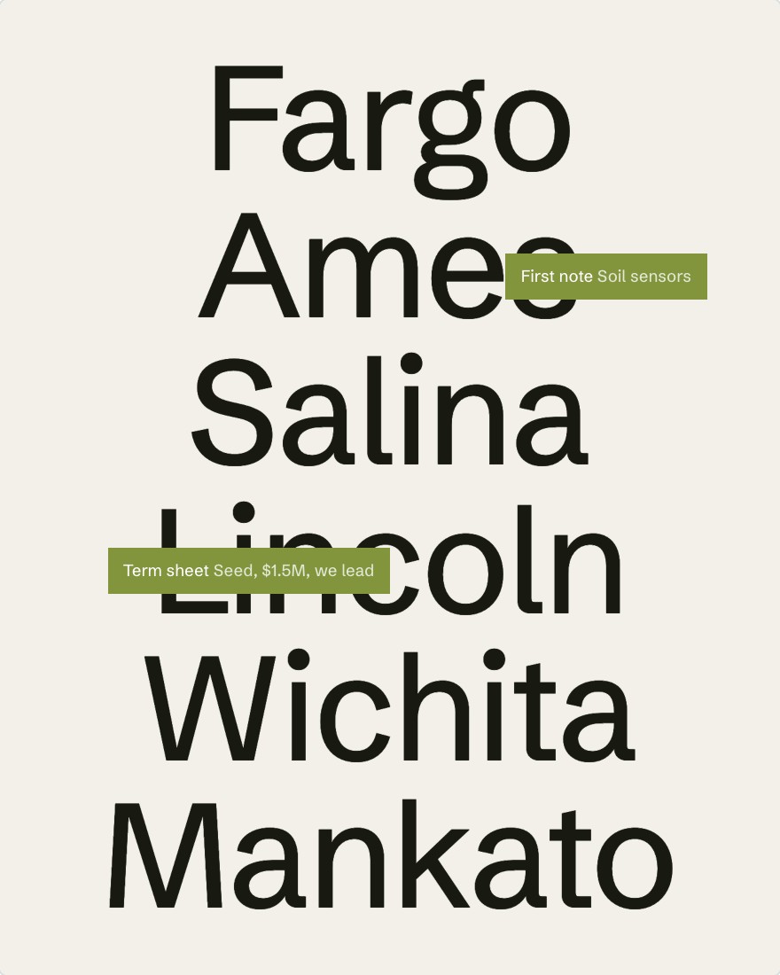 Farm towns stacked large, Fargo to Mankato, with two notes from the deal flow