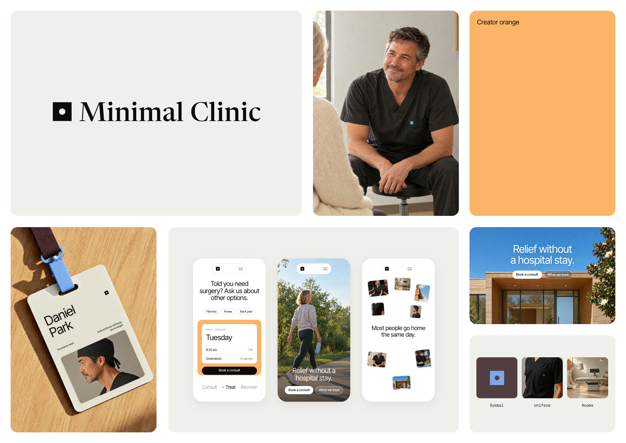 The Minimal Clinic brand on one board: the wordmark, a doctor with a patient, the orange field, a staff badge, three phone screens, the building, and the symbol