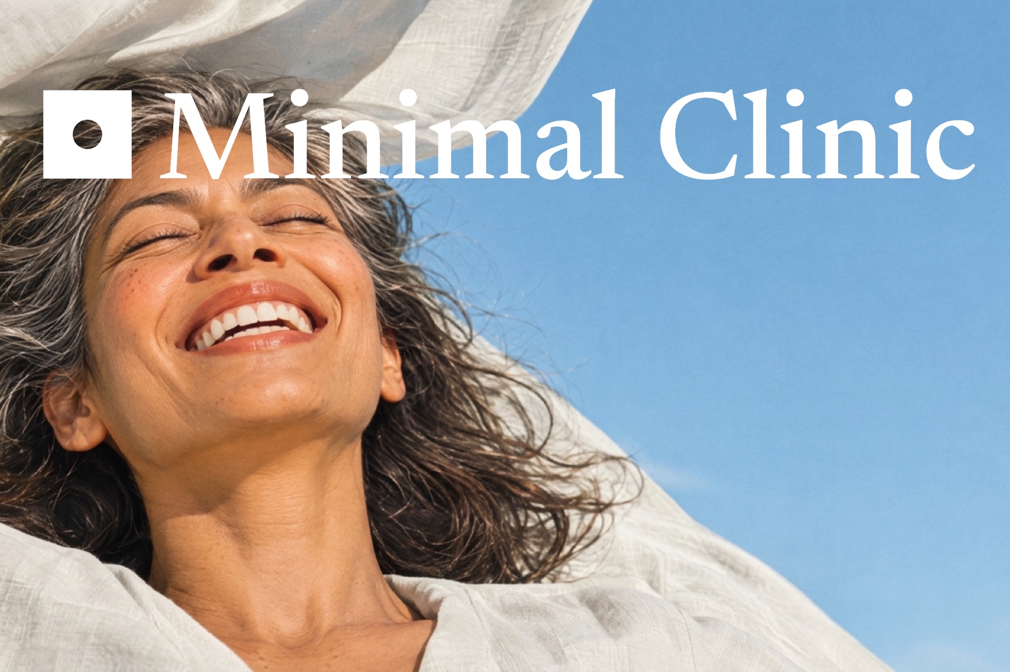 The wordmark over a patient laughing in the sun